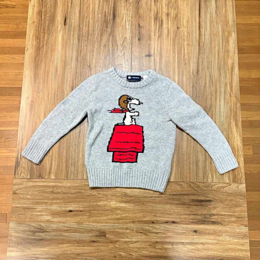 Gap + PEANUTS Snoopy Cartoon Comic Gray Knit Crewneck Pullover Sweater 4 Years